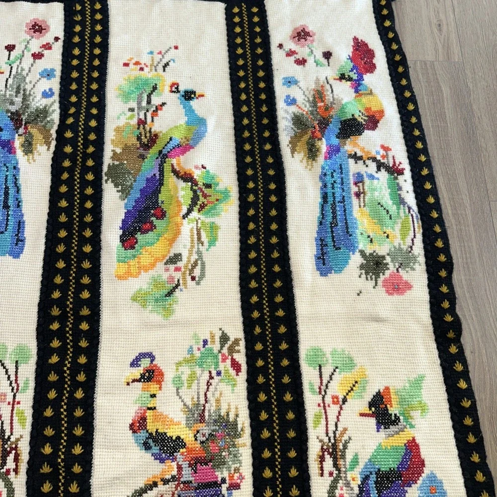 Vintage Peacock Bird Handmade Needlepoint Throw‎ Blanket 46 X 72. EUC